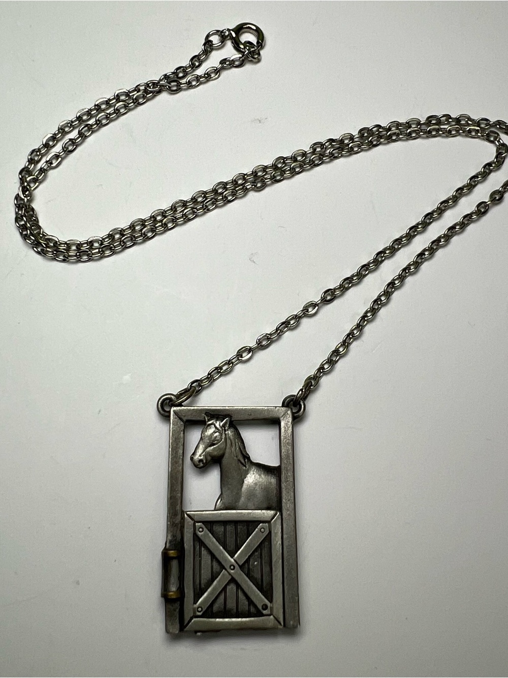 JJ Jonette Horse Foal Stable Barn Door Pewter necklace